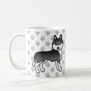 Caneca De Café Cão e patas de Cartoon Siberianos, Pretos E Branco