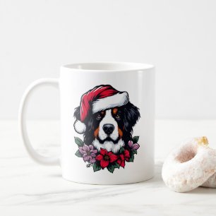 Caneca De Café Cão Festivo Bernês com Santa Hat e Florais