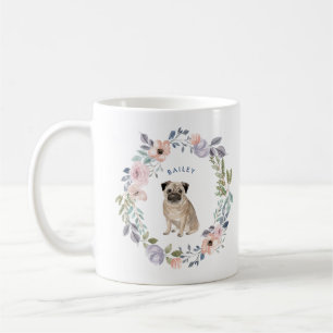 Caneca De Café Cão floral do Pug da aguarela bonito  
