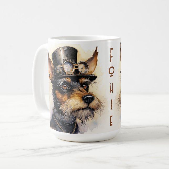 Caneca De Café Cão Fox Terrier Steampunk (Frente Esquerda)