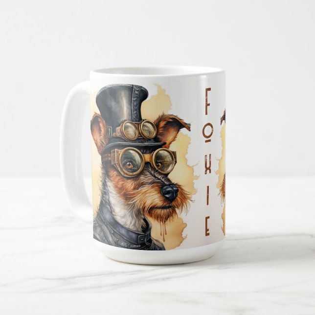 Caneca De Café Cão Fox Terrier Steampunk (Frente Esquerda)