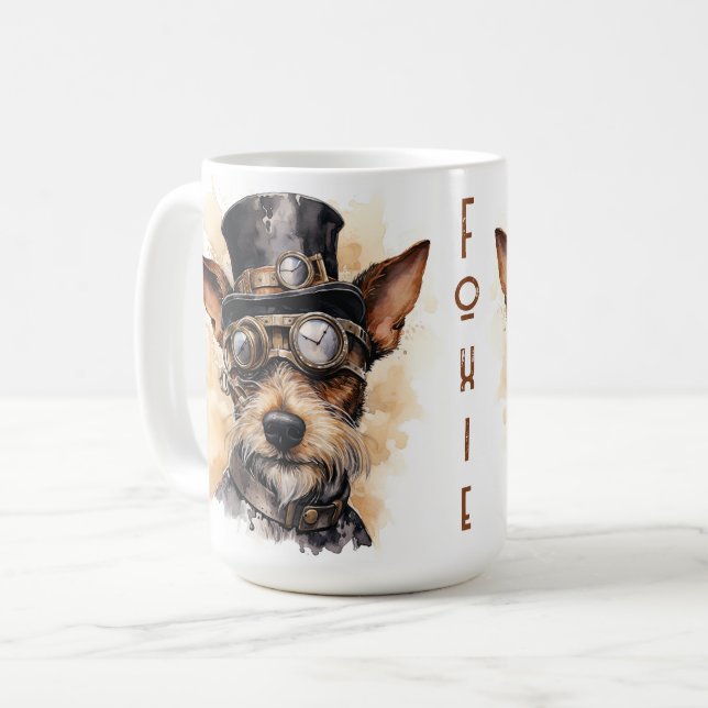 Caneca De Café Cão Fox Terrier Steampunk (Frente Esquerda)