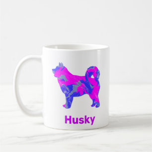 Caneca De Café Cão Husky Siberiano Rosa, Azul e Branco