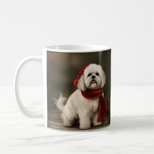 Caneca De Café Cão Lhasa Apso na Neve Natal (Esquerda)