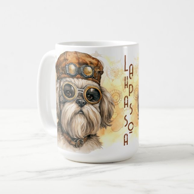 Caneca De Café Cão Lhasa Apso Steampunk (Frente Esquerda)