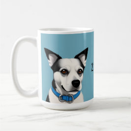 Caneca De Café Cão Negro e Branco com Colar Azul