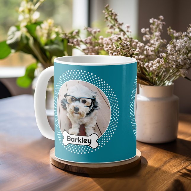 Caneca De Café Cão Osso e Bolinhas Foto Pet - Azul (Personalized mug with a photo on each side - pet theme)