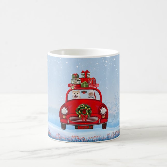 Caneca De Café Cão Shiba Inu No Carro Com Papai Noel (Centro)
