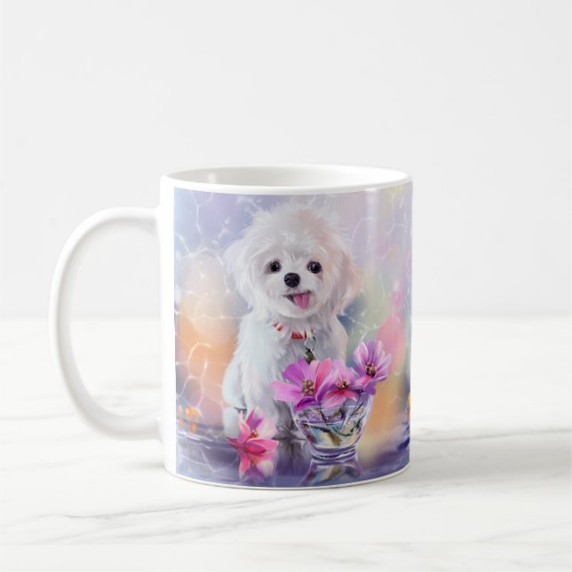 Caneca De Café Cãozinho branco-liso e flores num vaso (Esquerda)