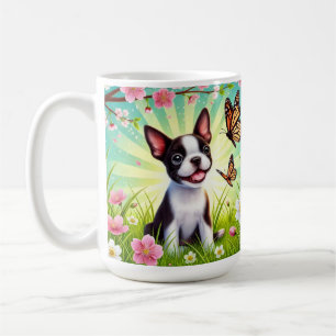 Caneca De Café Cãozinho com Flores e Borboletas