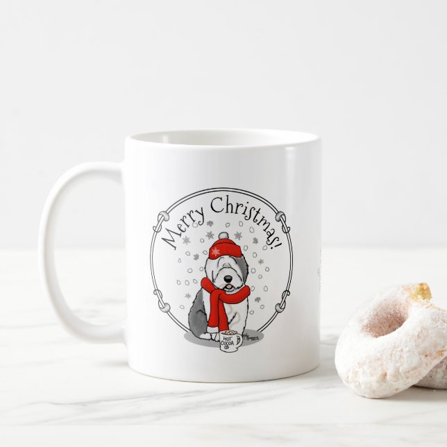 Caneca De Café Cãozinho de inverno (Vermelho) Antigo Inglês (Cinz (Com Donut)