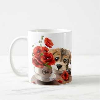Caneca De Café Cãozinho engraçado e flores de papoila