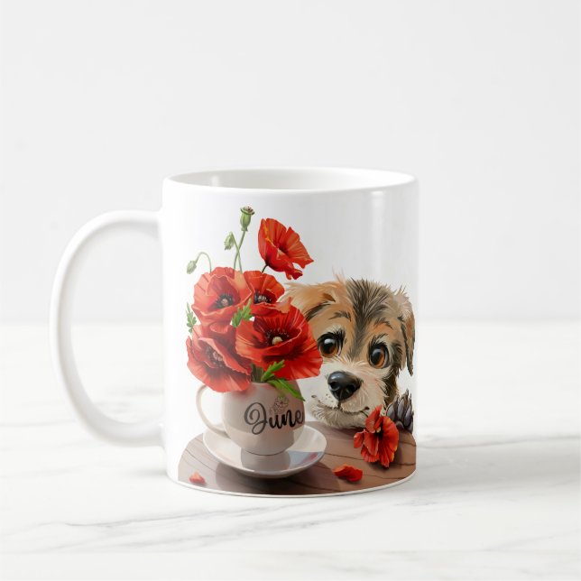 Caneca De Café Cãozinho engraçado e flores de papoila (Esquerda)