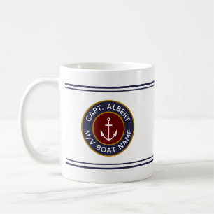 Caneca De Café Capitão com seu nome Maroon Nautical Anchor Mug