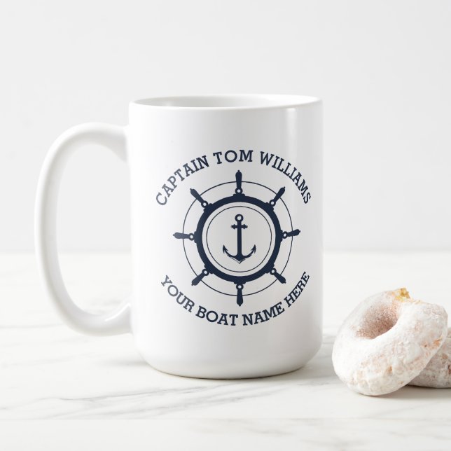 Caneca De Café Capitão personalizado e âncora do nome do barco (Com Donut)