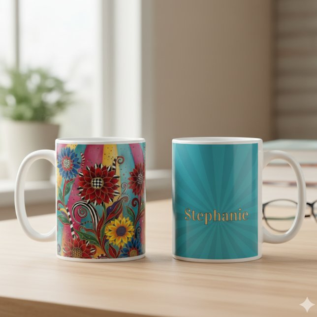 Caneca De Café Caprichoso Boho Floral – Presente Vibrante de Aniv (Whimsical floral personalized coffee mug)
