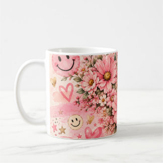 Caneca De Café Cara Sorridente Floral Rosa Estética Retro Café 