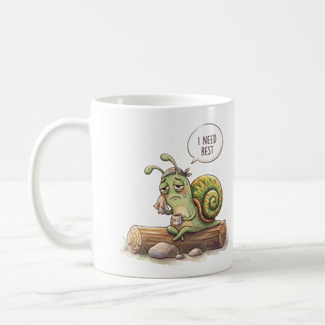 Caneca De Café Caracol Cansado Engraçado "Preciso Descansar" Ilus (Esquerda)