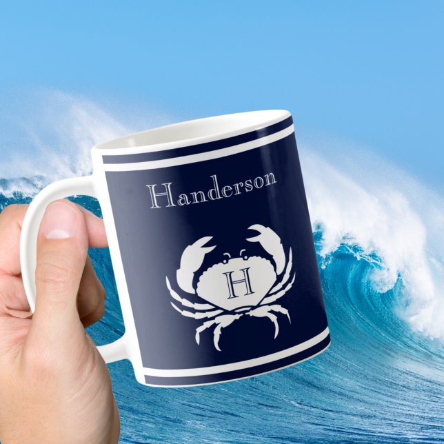 Caneca De Café Caranguejo Branco Marinho Azul Monograma Náutico (Criador carregado)