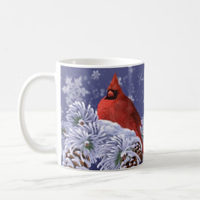 Caneca De Café Cardeal vermelho aninhado sobre neve coberta de po (Esquerda)