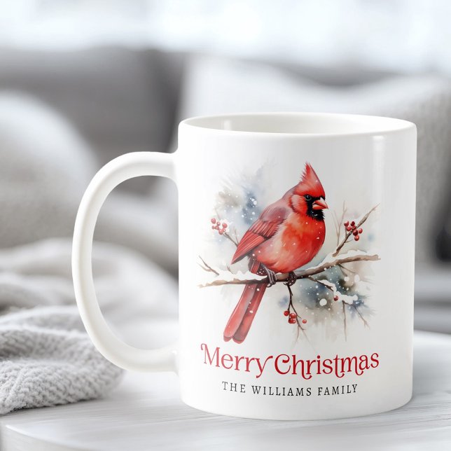Caneca De Café Cardeal vermelho no ramo de inverno Nome de Feliz  (Red cardinal on winter branch Merry Christmas name Coffee Mug)