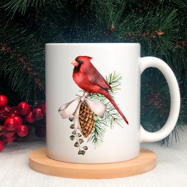 Caneca De Café Cardeal Vermelho, Pine Cones, Branch, Fita Natal (Criador carregado)