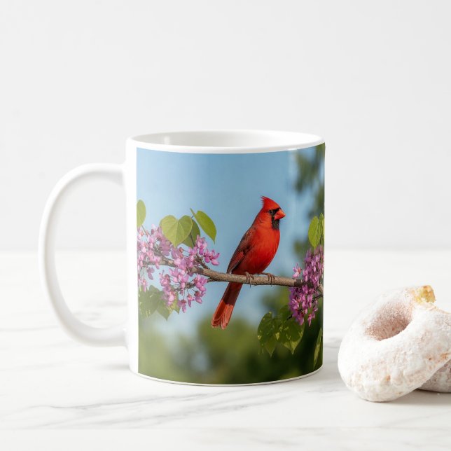 Caneca De Café Cardinal em um galho de Redbud (Com Donut)