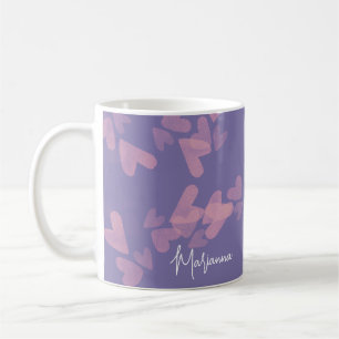Caneca De Café Carimbos de Coração Aquarela Nome em Letra Rosa Ro
