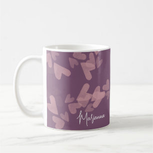 Caneca De Café Carimbos de Coração em Aquarela Nome em Letra Rosa