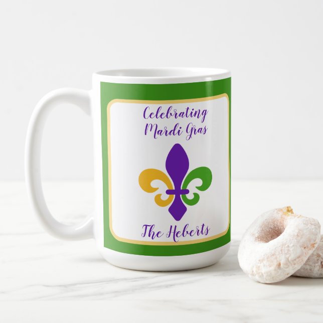 Caneca De Café Carnaval Nome Verde Dourado Roxo Fleur de Lis (Com Donut)