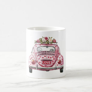 Caneca De Café Carro De Amor Com Corações Vermelhos Rosa