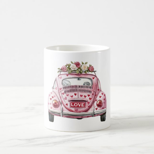 Caneca De Café Carro De Amor Com Corações Vermelhos Rosa (Centro)
