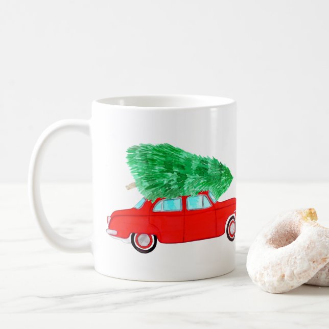 Caneca De Café Carro Vermelho com árvore de Natal (Com Donut)