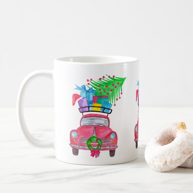 Caneca De Café Carro Vermelho com Dobras de Natal Aquarela (Com Donut)