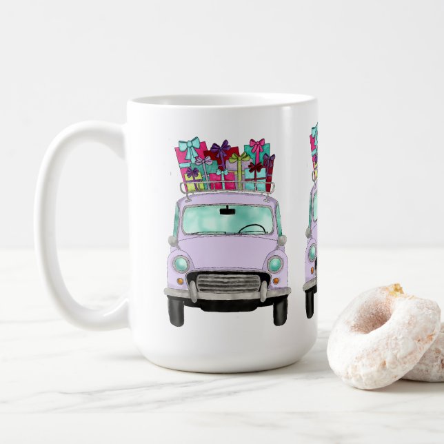 Caneca De Café Carro Violeta com presentes de Natal (Com Donut)
