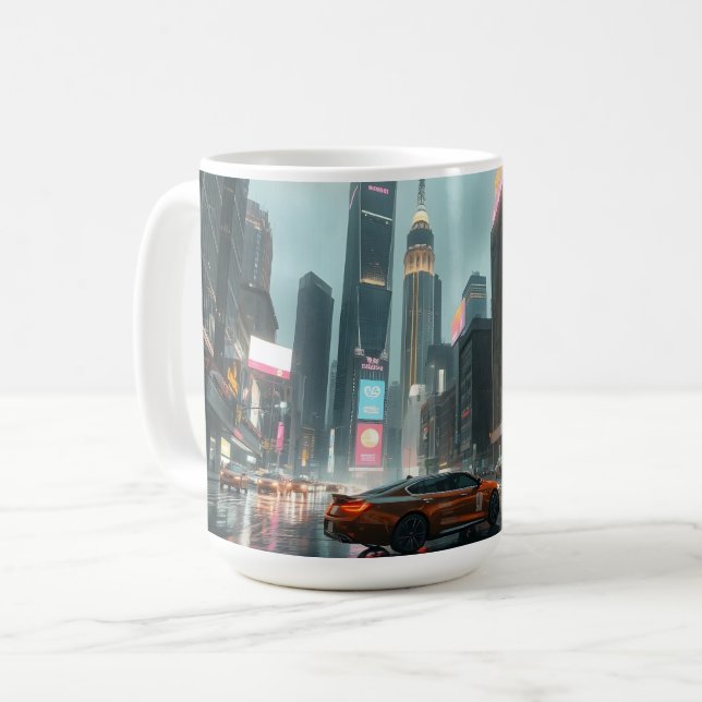 Caneca De Café Carros da cidade de arranha-céu Cyberpunk (Frente Esquerda)