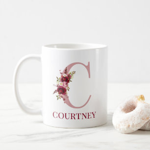 Caneca De Café Carta C Floral Burgundy Blush