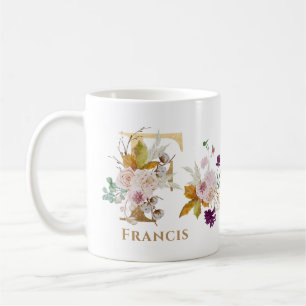 Caneca De Café Carta F - Nome Floral Dourado amigo colega de trab
