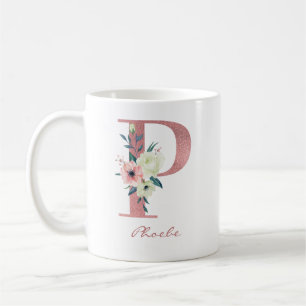 Caneca De Café Carta Floral Inicial P - Buquê Rosa e Marfim