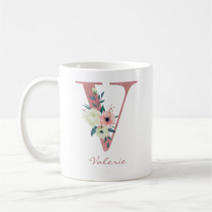 Caneca De Café Carta Floral Inicial V - Buquê Rosa e Marfim