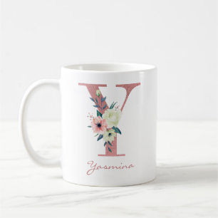 Caneca De Café Carta Floral Inicial Y - Buquê Rosa e Marfim