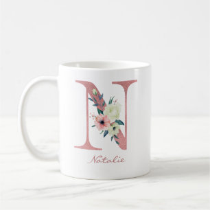 Caneca De Café Carta Floral N Inicial - Buquê Rosa e Marfim