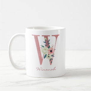 Caneca De Café Carta Floral Rosa Inicial W