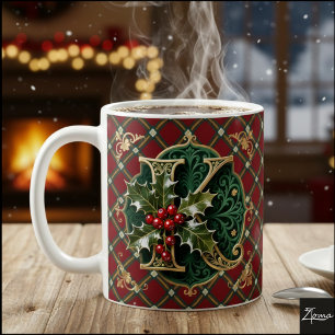 Caneca De Café Carta Inicial de Natal em Ouro Elegante com Azevin