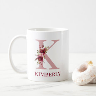 Caneca De Café Carta K Floral Burgundy Blush