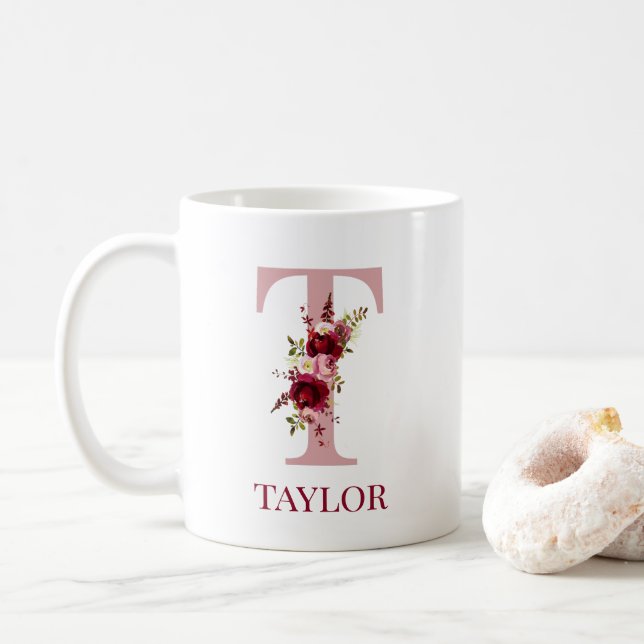 Caneca De Café Carta T Floral Borgonha Bege (Com Donut)