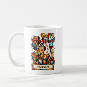 Caneca De Café Cartão de Aniversário Cubista Personalizado para M