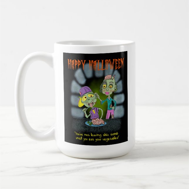 Caneca De Café Cartão de Dia das Bruxas Zombie Mãe e Filho (Esquerda)