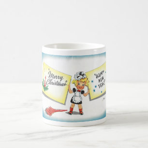CANECA DE CAFÉ CARTÃO DE GREETING DE 1943 'NATAL—ANO NOVO'