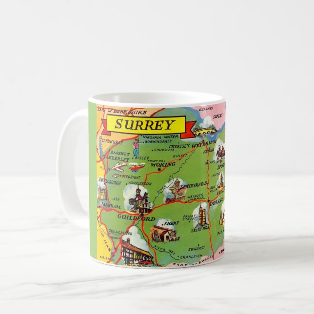 Caneca De Café Cartão postal do mapa de Surrey Inglaterra (Frente Esquerda)
